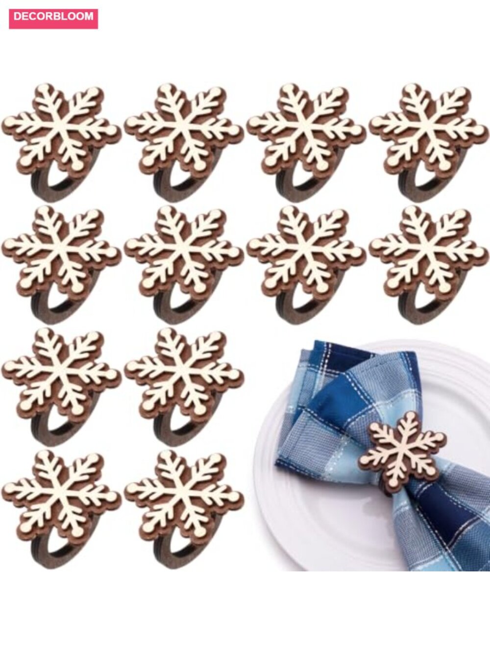 12 Pcs Walnut Wood Snowflake Napkin Rings Holiday Table Decor Set